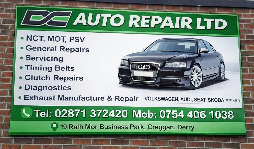 DC Auto Repair signage at the workshop in Rath Mor Business Park, Creggan, Derry